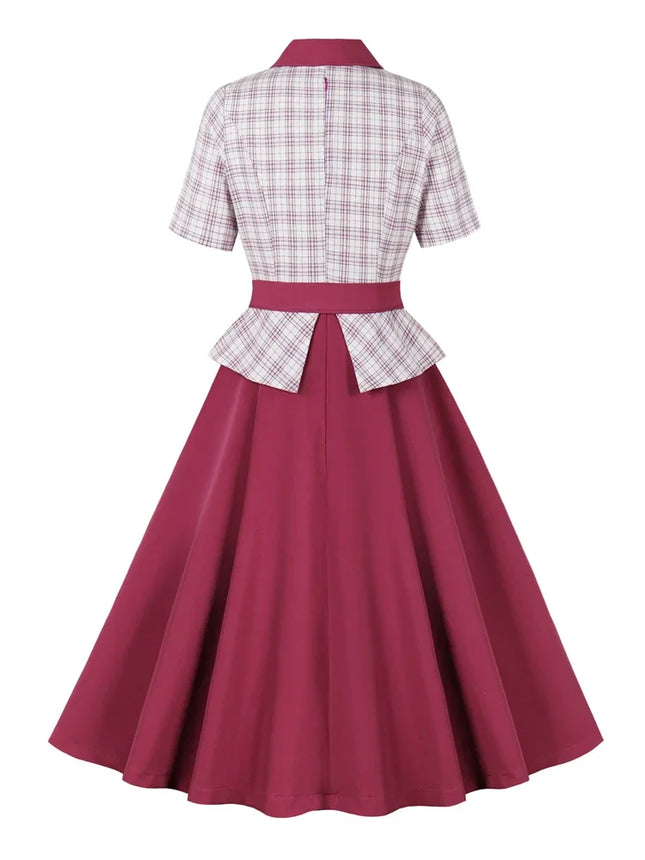 1950s Vintage Plaid Patchwork Button Up Fake Two Pieces Party Dress Women Notched Collar Short Sleeve Belted Formal Peplum Dress