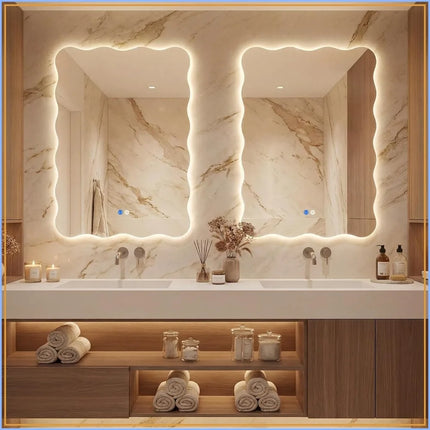 Wavy LED Bathroom Mirror 24x36 Vanity Light IP54 Anti-Fog 3 Color Dimmable