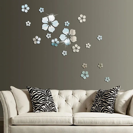 18Pcs 3D Flower Mirror Wall Stickers Acrylic TV Background Art Mural Bedroom Decor Self-adhesive Decorative Mirrors Home Decor