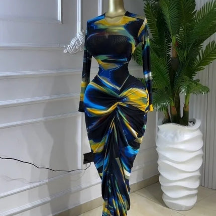 GLCMYAYA Women Tie Dye Printed Ruched Stacked Long Sleeve Bodycon Midi Maxi Dress 2026 Beach Sexy Vacation Long Dresses Vestidos