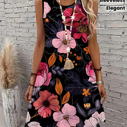 2026 New Elegant Black Floral Dress Women Sleeveless Slim Fit Sundress Stylish Flower Print Office Lady Casual daily Dresses