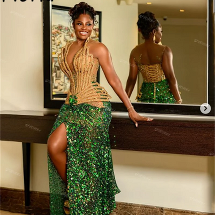 Aso Ebi Gold Green Mermaid Evening Dresses 2025 Luxury Africa Women Customized Bead Glitter Sequin Wedding Party Dress Plus Size
