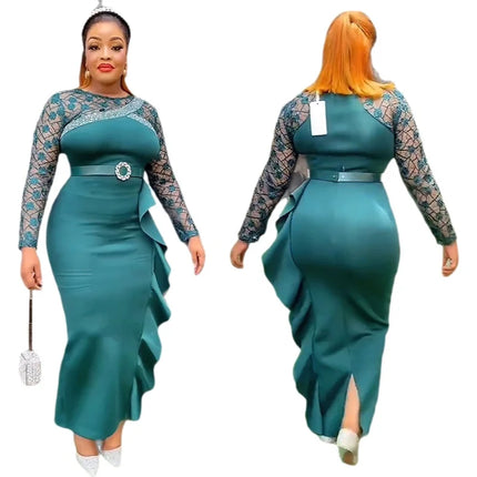 Cross-Border African Women's plus Size Heavy Embellished Party Long Dress Commute Casual Style High Waist Long Sleeve Dress
