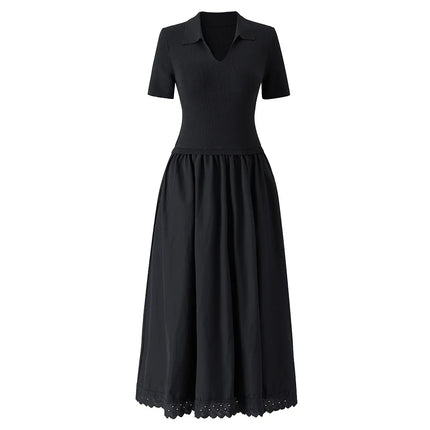 ZJYT Fashion Women's Knitted Patchwork Summer Dresses 2026 New Short Sleeve V Neck Casual Mid Calf Dress Female Vestidos Clothes