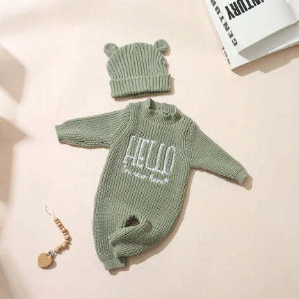 Ylsteed "Hello" Embroidery Knitting Newborn Birth Announcement Outfits Baby Bear Ears Photography Jumpsuit Infant Photo Props