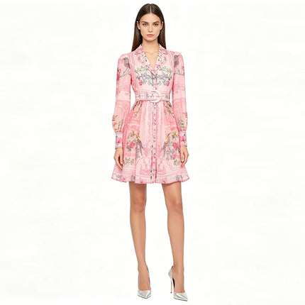 Pink Floral Shirt Dress Women Long Sleeve Lapel Belted Mini Dress Elegant Spring Summer Party Office Lady Co-ord Outfit