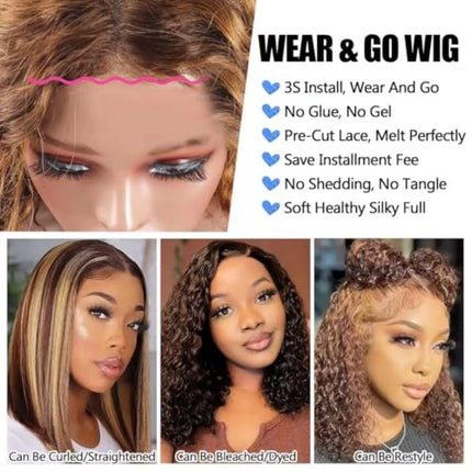 16 Inch Highlight Ombre Curly Bob Glueless Wig Human Hair Ready To Wear 250% Density 4x4 Deep Wave Lace Front Wigs Human Hair Colored Wig For Women