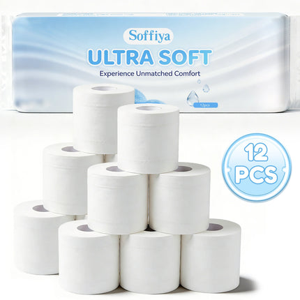 12 Rolls Toilet Paper 4 Ply Ultra Soft 100% Virgin Wood Pulp High Absorbency Biodegradable Household Bathroom Tissue Paper for Home Kitchen Hotel