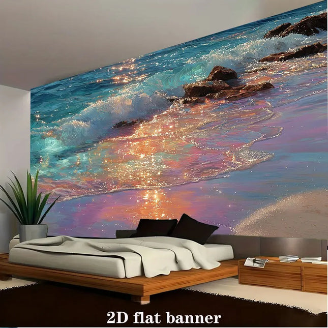 Sunset Ocean Wave Bedroom Tapestry Beach Sunset Glow Bed Headboard Wall Decor Relaxing Coastal Vibes Serene Sleep Environment