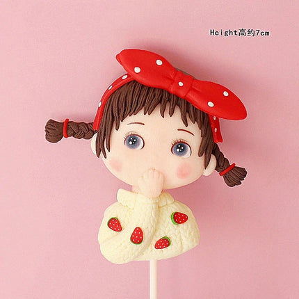 Cute Pink Girl Cake Topper Soft Taupo Point Bow Strawberry Playful Kids Doll Plug-in Party Dessert Cake Decoration Dress Up