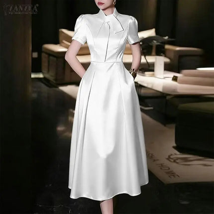 Women's Elegant Pink Satin Party Dress Tie-Neck Short Sleeves Fit and Flare A-Line Midi Dresses ZANZEA Woman Evening Robes 3XL