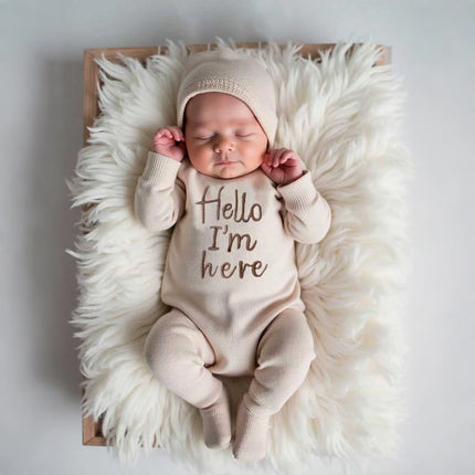 Ylsteed “Hello I'm Here‘ Knitting Newborn Photography Romper with Hat Baby Boy Girl Sweater Photo Shooting Coming Home Outfit-HD