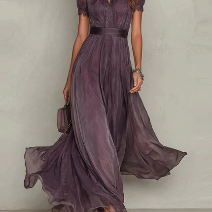 Vintage Solid Lace A-Line Long Dress Women's O Neck High Waist Pleated Party Dress Summer Short Sleeve Flowy Maxi Dresses