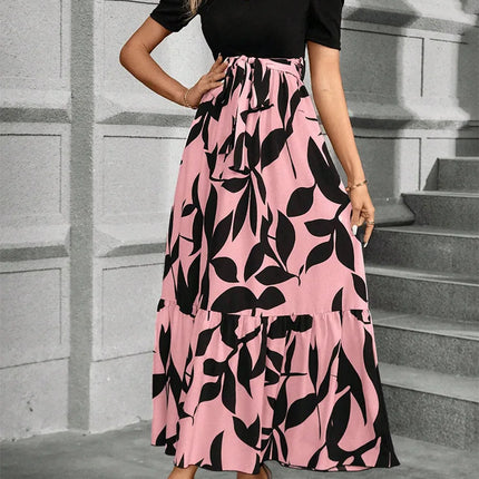 Elegant Floral Print Round Neck Long Dresses Women Short Sleeve High Waist Lace-up Office Lady Holiday Party Dresses Vestidos