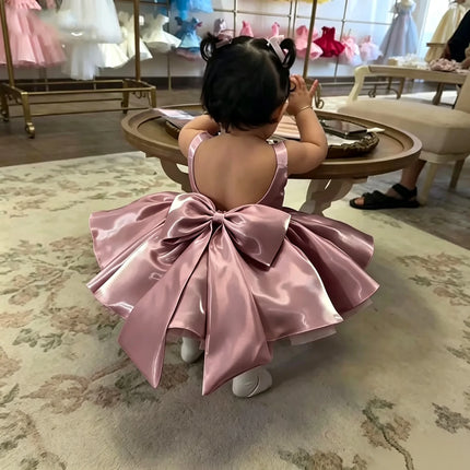Wedding Mini Flower Girl Dress 2026 Satin Sleeveless Backless Bow Short Tutu Dress Baby Princess Dress Formal Party Dress Custom