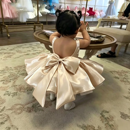 Wedding Mini Flower Girl Dress 2026 Satin Sleeveless Backless Bow Short Tutu Dress Baby Princess Dress Formal Party Dress Custom