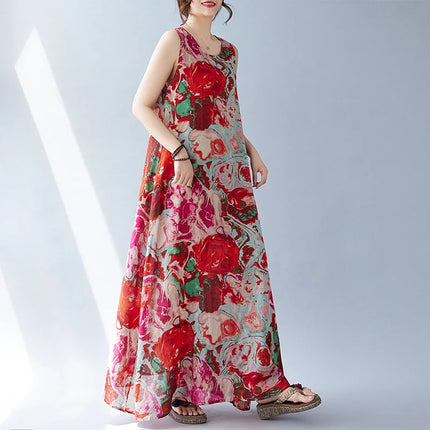 THHONE Summer Print Loose Women Robe Cotton Dress Sleeveless Casual Beach Style Long Ladies Womens Dresses Vestidos Para Mujer