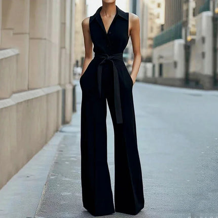 Summer Tie Up Sleeveless Jumpsuits Women Turndown Collar High Waist Commut Single Breasted Wide Leg Pants Solid Color Jumpsuit