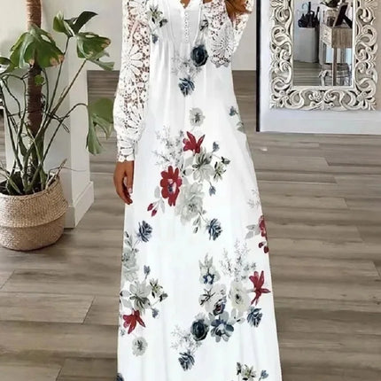 Spring/Summer Fashion Women's Long Sleeve Printed Lace Dresses Elegant Woman White V-neck Slim Fit Party Long Maxi Vestidos 3XL