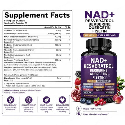 NAD+ Resveratrol Supplement with Berberine Quercetin Fisetin CoQ10 Vitamin C D3, 60 Vegan Capsules for Daily Nutrition Support