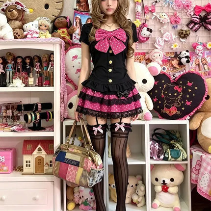 Himekaji Women's Dress Slim Y2k Polka Dot 2Piece Set Bow Top+Mini Skirt Punk Goth Basics Dresses Harajuku Summer Japanese Kawaii