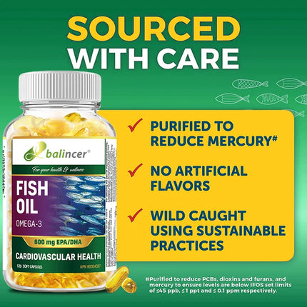 630mg Wild Caught Omega 3 Fish Oil Softgels, Rich EPA & DHA Daily Nutrient Supplement, Brain Eye Joint Skin & Immune Support