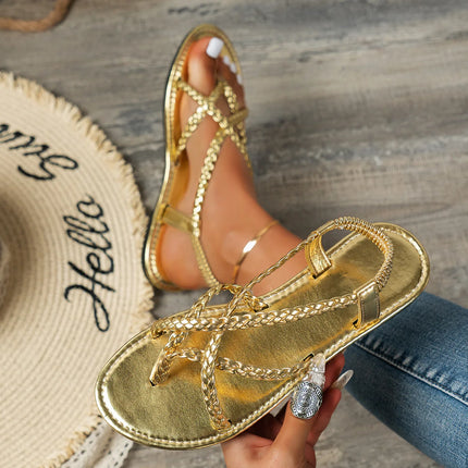 2026 New Fashion Women's Braided Flat Sandals Casual Clip Toe Summer Shoes Lightweight Elastic Band Sandals Gold Silver Footwear
