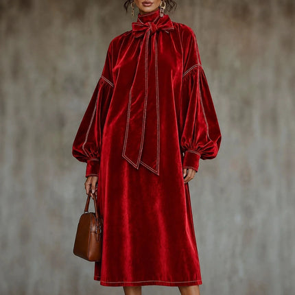 Women Solid Velvet Maxi Dress Bow Tie High Neck Lantern Long Sleeve Loose Dress Elegant Fall Winter Office Evening Party Dresses