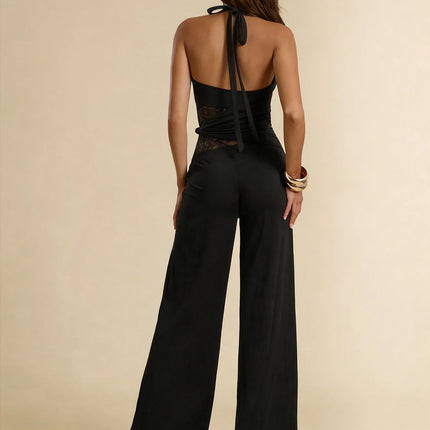Sexy Style Crisscross Halter Jumpsuit, Backless Wide Leg Romper for Party & Club