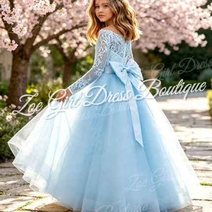 White Full Lace Long Sleeve Tulle Flower Girl Dress Back Bow Floor Length Kids First Holy Communion Wedding Birthday Custom Gown