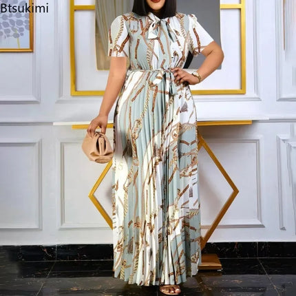 Fashionable and Elegant Print Pleated Long Dresses for Women Oversized Short-sleeved Ladies Temperament Maxi Dress Evening Gowns