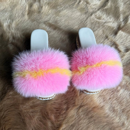 Fluffy Furry Fox Fur Slippers for Women Studded High Heels Winter Warm Plush Home Slippers Woman Outdoor Platform Shoes Slides