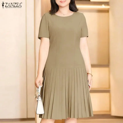 ZANZEA Women 2026 Summer Dress Elegant Pleated Dresses Stylish Office Work Midi Sundress Short Sleeve Knee Length Robe Vestidos