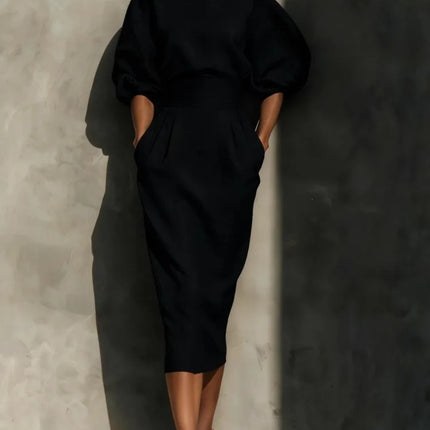 Elegant Women O-neck Lantern Sleeve Pocket Midi Dress Spring Summer Fashion Solid High Waist Pleated Wrap Hip Holiday Dresses