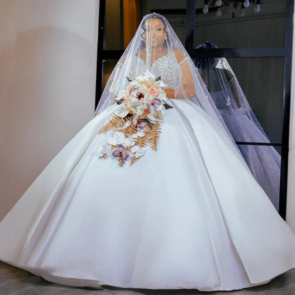 Customized Plus Size Wedding Dresses For Bride Detachable Train Mermaid Ball Gown Sheer Neck Short Sleeves Beaded Bridal Gowns