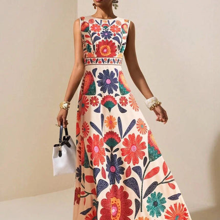 Women Floral Embroidery Maxi Dress Sleeveless Round Neck A-Line Long Dress Summer Beach Wedding Guest Holiday Party Dresses