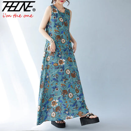 THHONE Summer Print Loose Women Robe Cotton Dress Sleeveless Casual Beach Style Long Ladies Womens Dresses Vestidos Para Mujer