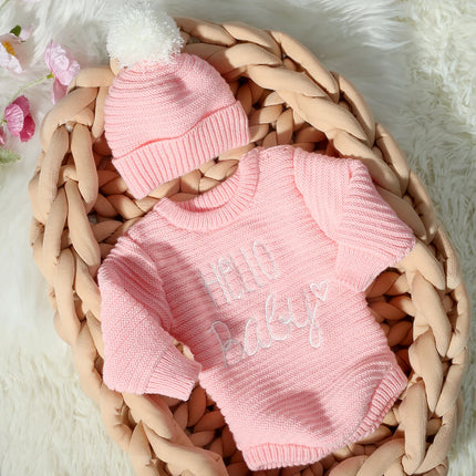 Ylsteed Hello Baby Newborn Photography Romper and Pom Hat Set Knitted Newborn Girl Outfits for Photo Shooting Infant Photo Props