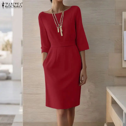 ZANZEA Fashion Solid Party Dresses Women 3/4 Sleeve Elegant Robe 2025 Casual O-Neck Collect Waist Knee-Length Office OL Vestidos