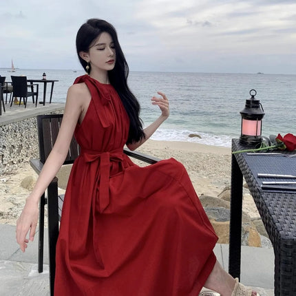 Red Dress Halter Neck Maxi Dress Summer Dresses 2026 Sleeveless Beach Wedding Guest Dresses Elegant Party Sundresses for Woman