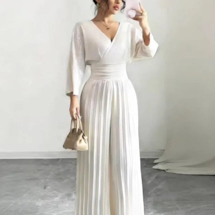 Women Spring Sexy Deep V-neck High-waisted Pleated Jumpsuit Fashion Solid Backless Slim Elegant Office Lady Wide-leg Jumpsuits