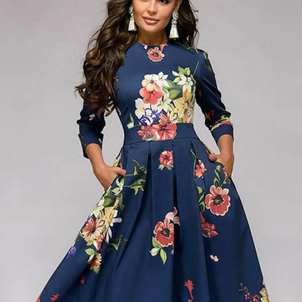Vintage pleated tunic print dress women Elegant ladies A line dresses Long sleeve female autumn mixi party dress vestidos