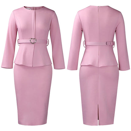 Mlaiscsr African Women Formal Office Work Mid Dress with Belt Evening Club O Neck Long Sleeve High Waist Pencil Bodycon Vestidos