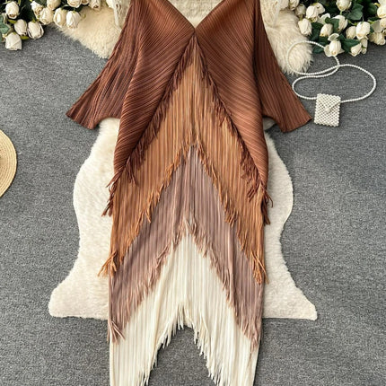 Miyake Tassel Patchwok Color Block Dress for Women Pleated Batwing Sleeve Mid-calf Dresses Fashion Female 2025 Summer