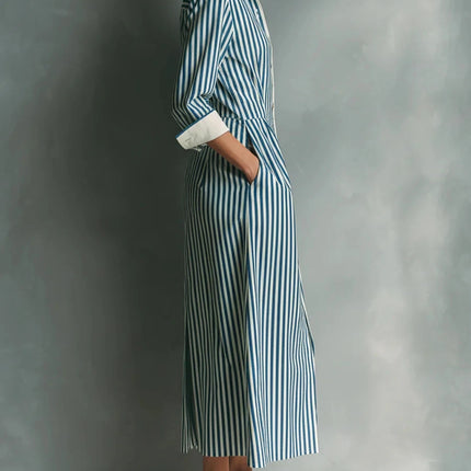 Elegant Striped Print Shirt Dress for Women Casual Turn Down Collar Color Blocking Pocket Long Dresses New Trendy Graceful Robe