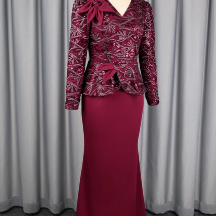 Elegant Women Sequin Dress V Neck Long Sleeves 3D Floral Design Peplum Waist Fitted Mermaid Hem Wedding Party Cocktail Events