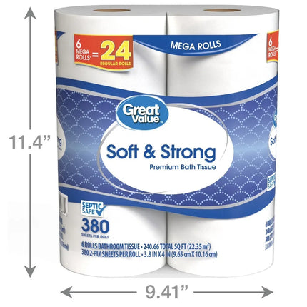 Soft & Strong Premium Toilet Paper, 6 Mega Rolls, 380 Sheets per Roll