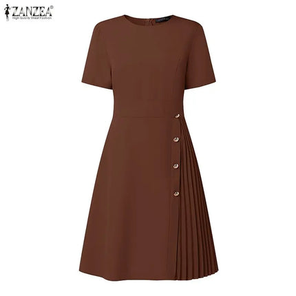 Stylish Pleated Dresses ZANZEA Women Summer Solid OL Work Dress Elegant A-line Knee Length Robe O Neck Short Sleeve Sundress