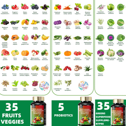 Fmlave Fruits and Veggies Supplement Reds & Green Superfood - Balance of Over 70 Fruit & Vegetable Supplements Capsules with Probiotics Prebiotics Digestive --120Caplules