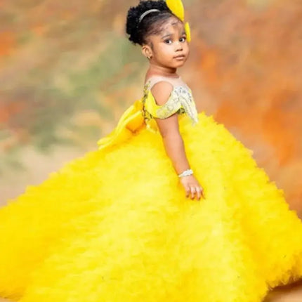 Quality Lovely Flower Girls Dress Tulle Tiered Ruffles With Big Bow Back Floor Length Kids Wedding Birthday Party Ball Gowns